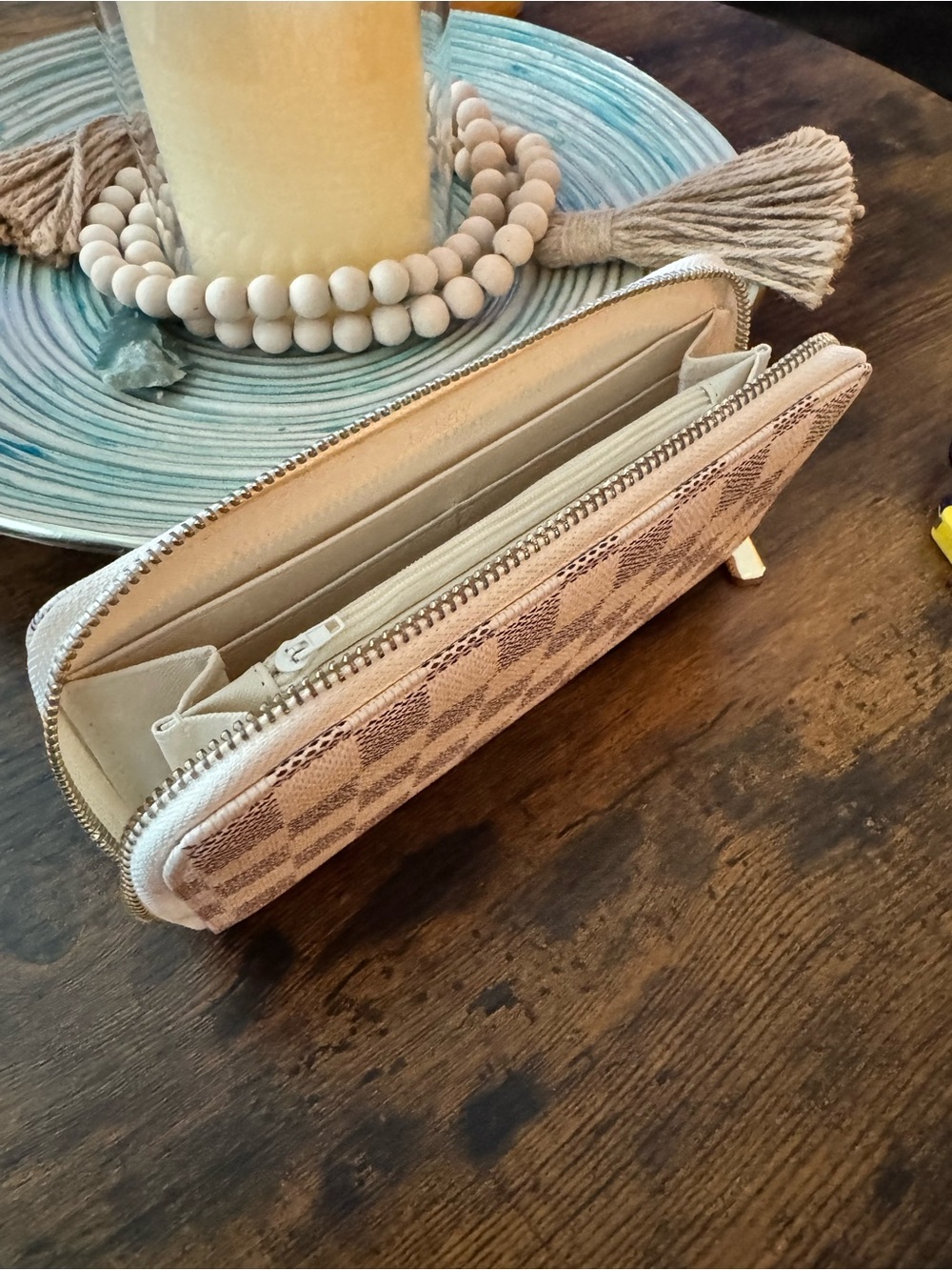 Zip-Around Check Pattern Wallet in Light Beige - Picture 2 of 2